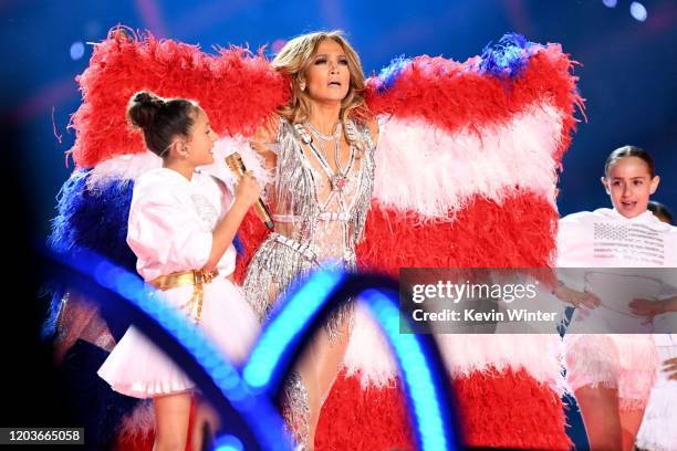 Emme Maribel Muñiz and Jennifer Lopez perform onstage during the Pepsi Super Bowl LIV Halftime Show at Hard Rock Stadium on February 02, 2020 in...