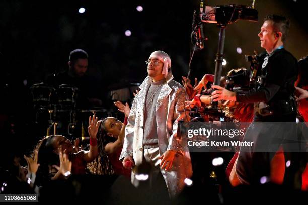 Bad Bunny performs onstage during the Pepsi Super Bowl LIV Halftime Show at Hard Rock Stadium on February 02, 2020 in Miami, Florida.