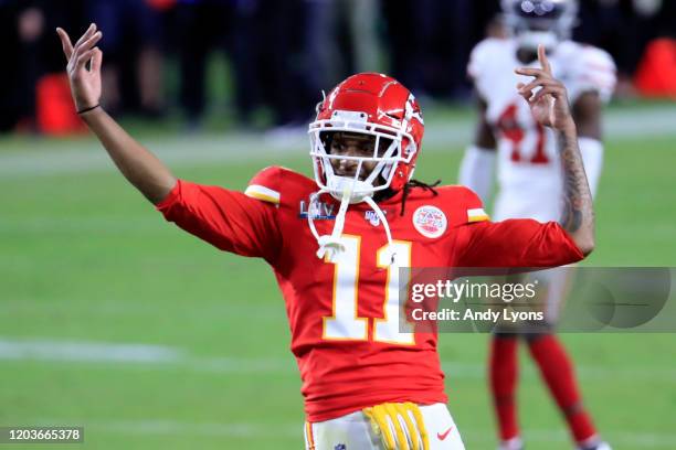 Demarcus Robinson of the Kansas City Chiefs celebrates after defeating San Francisco 49ers by 31 to 20 in Super Bowl LIV at Hard Rock Stadium on...