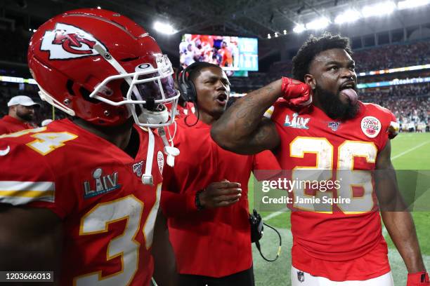 Damien Williams of the Kansas City Chiefs reacts against the San Francisco 49ers during the fourth quarter in Super Bowl LIV at Hard Rock Stadium on...