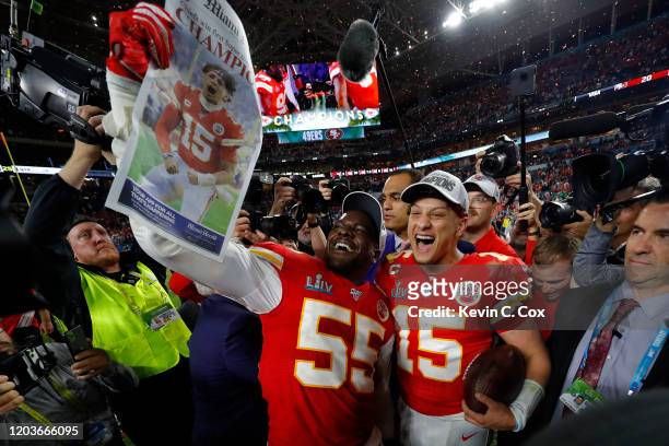 Frank Clark of the Kansas City Chiefs and Patrick Mahomes of the Kansas City Chiefs celebrate after defeating San Francisco 49ers by 31 - 20in Super...