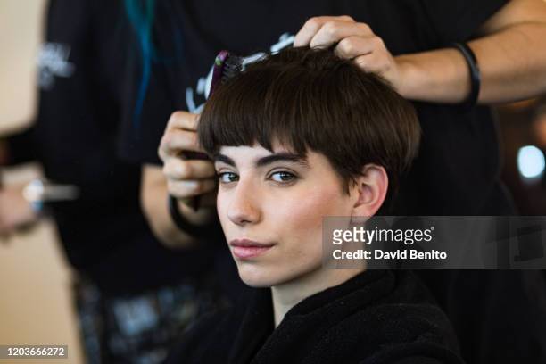Model is seen at backstage before the Anel Yaos and Datuna fashion show during Merecedes Benz Fashion Week Autum/Winter 2020-21 at Ifema on February...