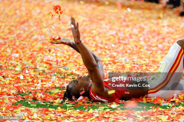 Demarcus Robinson of the Kansas City Chiefs celebrates after defeating the San Francisco 49ers in Super Bowl LIV at Hard Rock Stadium on February 02,...