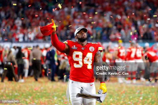 Terrell Suggs of the Kansas City Chiefs celebrates after defeating San Francisco 49ers by 31 - 20 in Super Bowl LIV at Hard Rock Stadium on February...