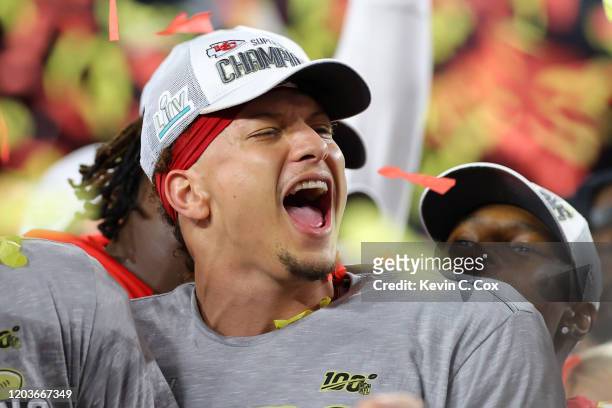 Patrick Mahomes of the Kansas City Chiefs celebrates after defeating the San Francisco 49ers 31-20 in Super Bowl LIV at Hard Rock Stadium on February...