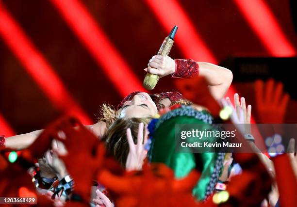 Shakira crowd surfs in the audience during the Pepsi Super Bowl LIV Halftime Show at Hard Rock Stadium on February 02, 2020 in Miami, Florida.