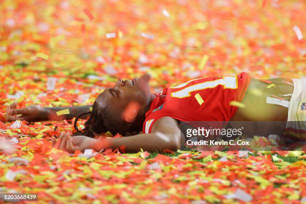 Demarcus Robinson of the Kansas City Chiefs celebrates after defeating San Francisco 49ers by 31 - 20in Super Bowl LIV at Hard Rock Stadium on...