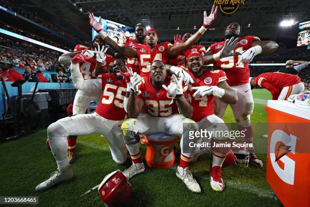 The Kansas City Chiefs celebrate against the San Francisco 49ers in Super Bowl LIV at Hard Rock Stadium on February 02, 2020 in Miami, Florida.