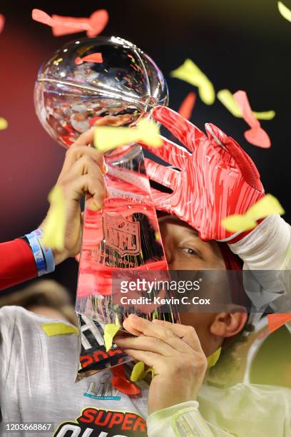 Patrick Mahomes of the Kansas City Chiefs celebrates after defeating the San Francisco 49ers 31-20 in Super Bowl LIV at Hard Rock Stadium on February...