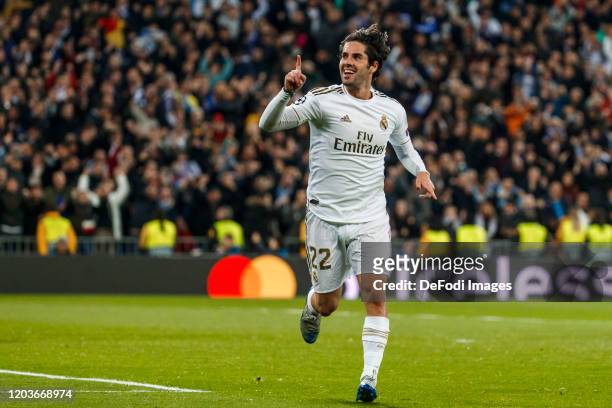 Isco Alarcon of Real Madrid celebrates after scoring his team`s first goal during the UEFA Champions League round of 16 first leg match between Real...