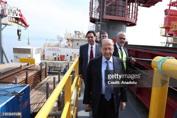 Lebanese President Michel Aoun , Lebanese Prime Minister Hassan Diab , Minister of Energy and Water of Lebanon Rimun Gacar inspect drill ship as they...