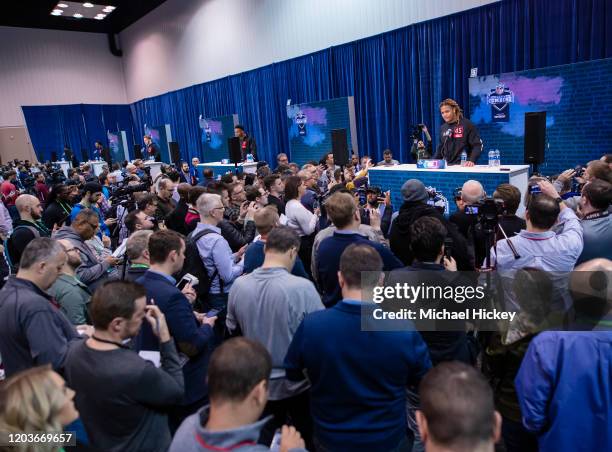 Chase Young #DL45 of the Ohio State Buckeyes speaks to the media at the Indiana Convention Center on February 27, 2020 in Indianapolis, Indiana.