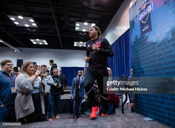 Chase Young #DL45 of the Ohio State Buckeyes speaks to the media at the Indiana Convention Center on February 27, 2020 in Indianapolis, Indiana.