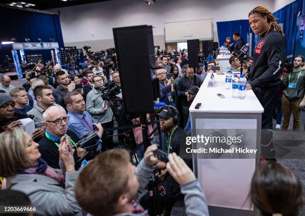 Chase Young #DL45 of the Ohio State Buckeyes speaks to the media at the Indiana Convention Center on February 27, 2020 in Indianapolis, Indiana.