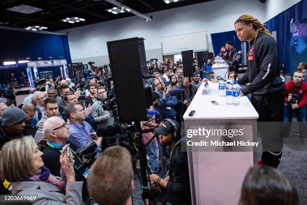 Chase Young #DL45 of the Ohio State Buckeyes speaks to the media at the Indiana Convention Center on February 27, 2020 in Indianapolis, Indiana.