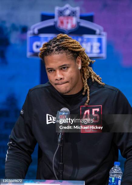 Chase Young #DL45 of the Ohio State Buckeyes speaks to the media at the Indiana Convention Center on February 27, 2020 in Indianapolis, Indiana.