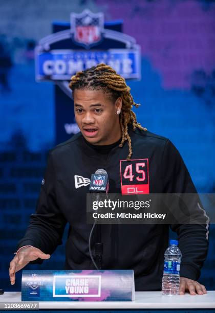 Chase Young #DL45 of the Ohio State Buckeyes speaks to the media at the Indiana Convention Center on February 27, 2020 in Indianapolis, Indiana.