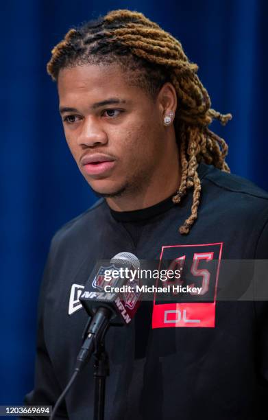 Chase Young #DL45 of the Ohio State Buckeyes speaks to the media at the Indiana Convention Center on February 27, 2020 in Indianapolis, Indiana.