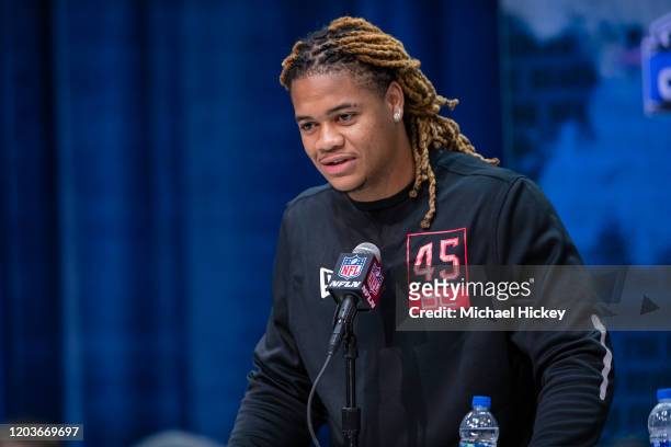 Chase Young #DL45 of the Ohio State Buckeyes speaks to the media at the Indiana Convention Center on February 27, 2020 in Indianapolis, Indiana.