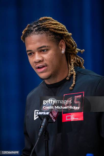 Chase Young #DL45 of the Ohio State Buckeyes speaks to the media at the Indiana Convention Center on February 27, 2020 in Indianapolis, Indiana.