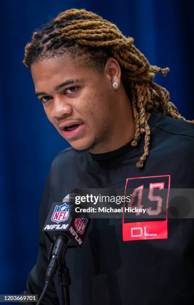 Chase Young #DL45 of the Ohio State Buckeyes speaks to the media at the Indiana Convention Center on February 27, 2020 in Indianapolis, Indiana.