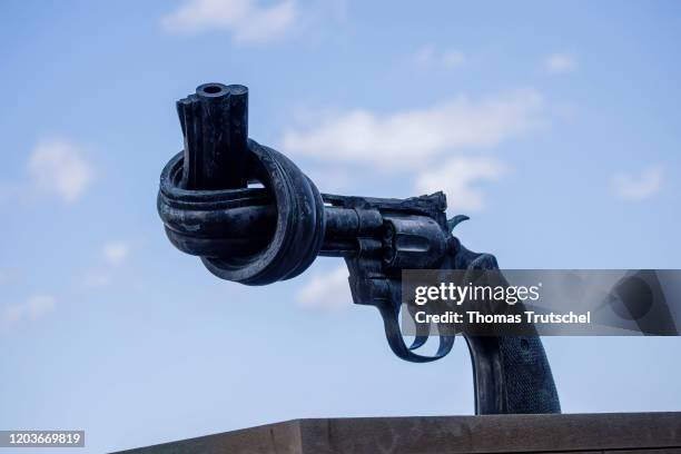 The Sculpture of a knotted pistol, called non violence stand in front of United Nations headquarter on February 27, 2020 in New York, Germany.