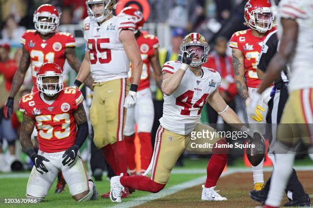 Kyle Juszczyk of the San Francisco 49ers reacts after being tackled in Super Bowl LIV at Hard Rock Stadium on February 02, 2020 in Miami, Florida.