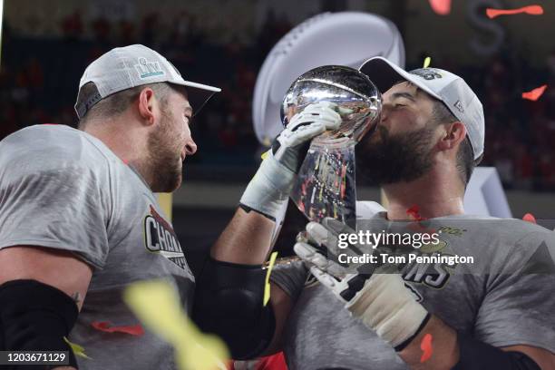 Laurent Duvernay-Tardif of the Kansas City Chiefs celebrates with the Vince Lombardi Trophy after defeating the San Francisco 49ers 31-20 in Super...