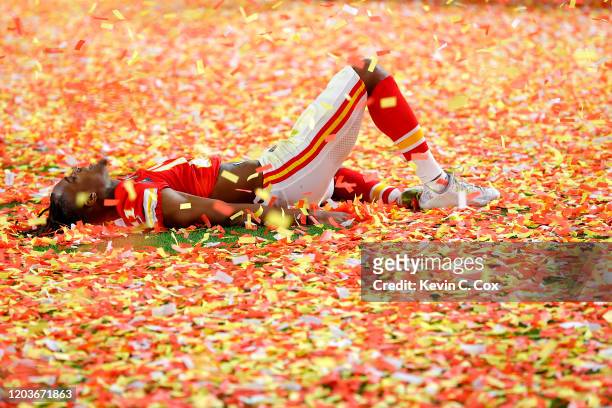 Demarcus Robinson of the Kansas City Chiefs celebrates after defeating San Francisco 49ers by 31 - 20 in Super Bowl LIV at Hard Rock Stadium on...