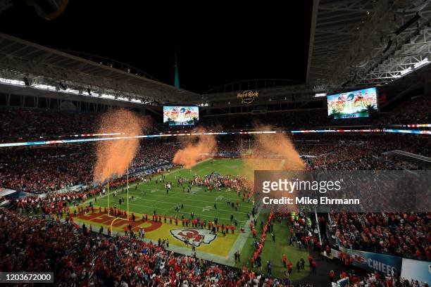 Kansas City Chiefs players celebrate after defeating San Francisco 49ers by 31 - 20 in Super Bowl LIV at Hard Rock Stadium on February 02, 2020 in...