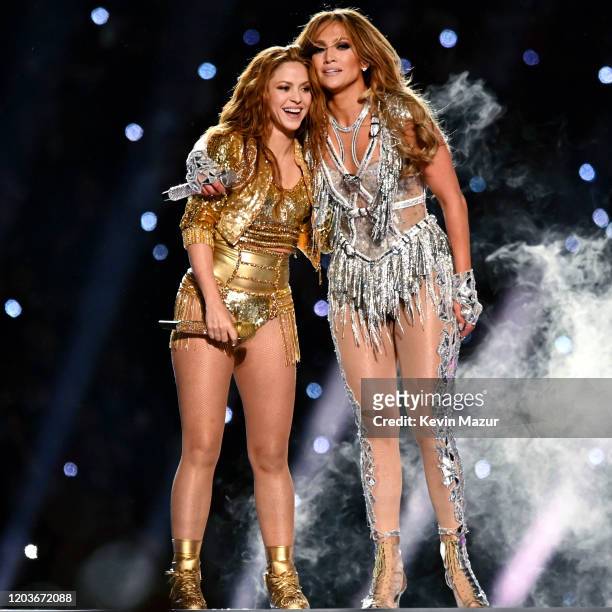 Shakira and Jennifer Lopez perform onstage during the Pepsi Super Bowl LIV Halftime Show at Hard Rock Stadium on February 02, 2020 in Miami, Florida.
