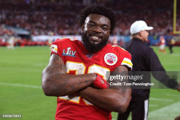 Damien Williams of the Kansas City Chiefs celebrates against the San Francisco 49ers in Super Bowl LIV at Hard Rock Stadium on February 02, 2020 in...