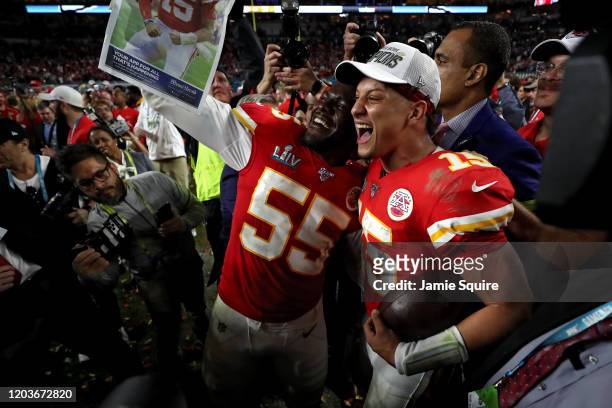 Patrick Mahomes of the Kansas City Chiefs reacts after defeating San Francisco 49ers by 31 - 20 in Super Bowl LIV at Hard Rock Stadium on February...