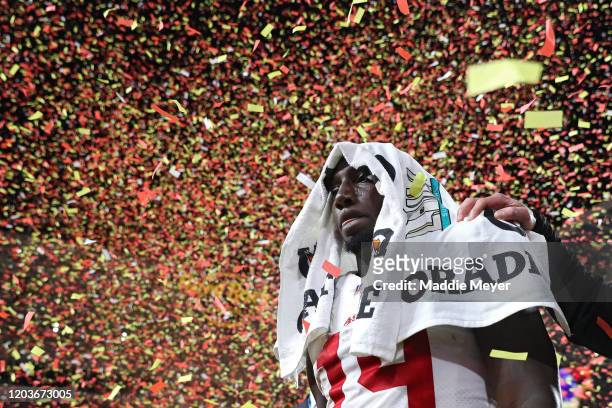 Deebo Samuel of the San Francisco 49ers reacts after losing to the Kansas City Chiefs 31-20 in Super Bowl LIV at Hard Rock Stadium on February 02,...
