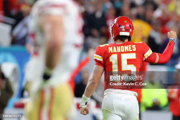 Patrick Mahomes of the Kansas City Chiefs reacts during the game against the San Francisco 49ers in Super Bowl LIV at Hard Rock Stadium on February...