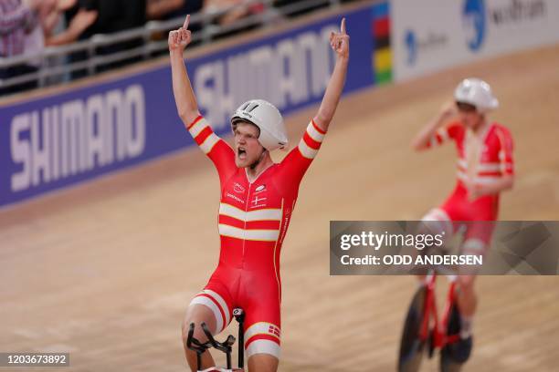 Denmark's Julius Johansen and his teammates celebrate Gold and a new World Record in the men's Team Pursuit Finals at the UCI track cycling World...