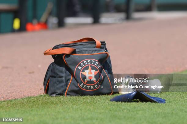 Detailed view of a Houston Astros equipment bag sitting on the field prior to the Spring Training game against the Detroit Tigers at Publix Field at...