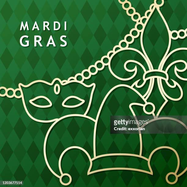 mardi gras icon set green background - fiesta invitation stock illustrations