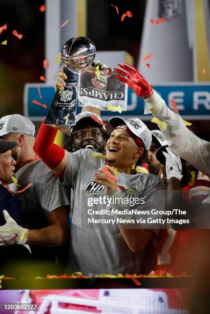 Kansas City Chiefs starting quarterback Patrick Mahomes celebrates after the Chiefs beat the San Francisco 49ers 31-20 to win Super Bowl LIV at Hard...