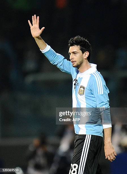 Argentine midfielder Javier Pastore waves at the end of their 2011 Copa America Group A first round football match against Costa Rica held at the...