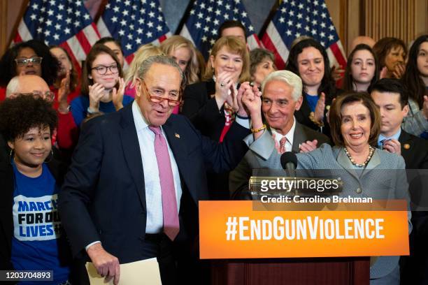 Senate Minority Leader Chuck Schumer, D-N.Y., left, and Speaker of the House Nancy Pelosi, D-Calif., with fellow Democrats and members of Moms Demand...