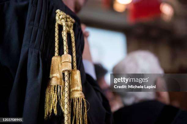 the togas of lawyers - justitia-waage stock-fotos und bilder