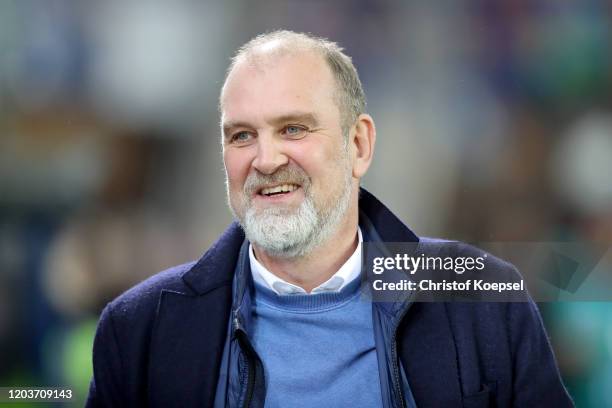 Manager Joerg Schmadtke of Wolfsburg looks on prior to the Bundesliga match between SC Paderborn 07 and VfL Wolfsburg at Benteler Arena on February...