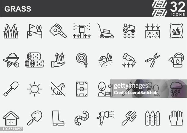 stockillustraties, clipart, cartoons en iconen met graslijnpictogrammen - agricultural equipment