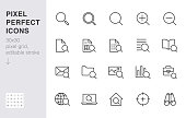 Search line icons set. Zoom, find document, magnify glass symbol, look tool, binoculars minimal vector illustrations. Simple flat outline signs for web interface. 30x30 Pixel Perfect Editable Strokes