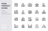 City building line icons set. Hospital, hotel, bank, mall, government hall, castle, police minimal vector illustrations. Simple flat outline sign for web, app. 30x30 Pixel Perfect. Editable Strokes