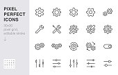 Gear, cogwheel line icons set. App settings button, slider, wrench tool, fix concept minimal vector illustrations. Simple flat outline signs for web interface. 30x30 Pixel Perfect. Editable Strokes