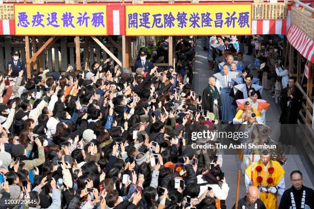 Actors Erika Toda, Kohei Matsushita, Yuko Oshima and Kento Hayashi attend the 'Mamemaki' bean scattering ceremony at Naritasan Fudoson Temple on...