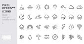 Weather line icons set. Sun, rain, thunder storm, dew, wind, snow cloud, night sky minimal vector illustrations. Simple flat outline signs for web, forecast app. 30x30 Pixel Perfect. Editable Strokes