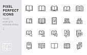 Book line icons set. Open books, dictionary, bible, audio novel, literature education minimal vector illustrations. Simple flat outline sign for web library app. 30x30 Pixel Perfect. Editable Strokes